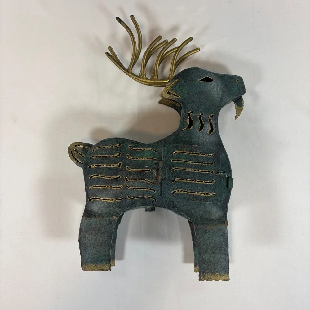 Rustic Verdigris Metal Reindeer Candle Holder Figurine Gold Antler Folk Art 13
